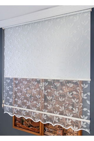 Çift Mekanizmalı Yaprak Desenli Tül Stor Perde Beyaz