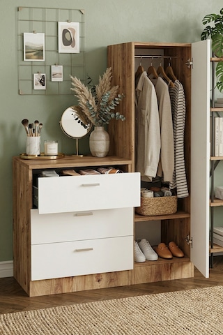 Yurudesign Nancy Aynalı Şifonyer Gardırop Çam-Beyaz