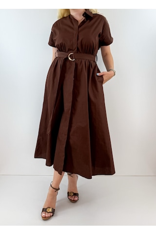 Modaonna Koyu Kahve Kemerli Gömlek Elbise