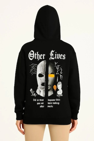 Tarz Yeri Kadın Kapüşonlu Kanguru Cepli Sweatshirt 3 İplik Pamuklu Baskılı Hoodie - Siyah
