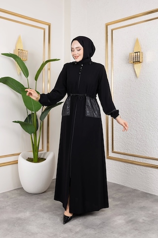 Cep Detaylı Bağlamalı Ferace - Siyah / F0138 Siyah