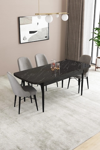 Familieconcept Almira Serisi, Siyah Mermer Desen 80x132 Açılabilir Mdf Mutfak Masası Takımı 4 Adet Sandalye Gri