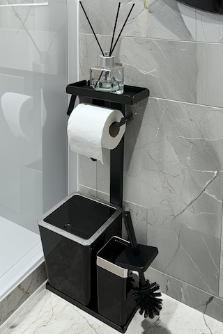3'ü 1 Arada Banyo Seti Tuvalet Kağıtlık, Çöp Kovası Ve Tuvalet Fırça Takımı Krom - Siyah