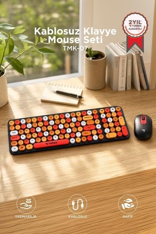 Premium Ofis Gereci Teknoloji Renkli Kablosuz Q Klavye Mouse Seti Tmk07