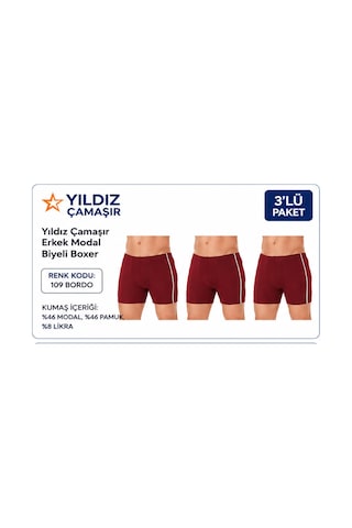 Yıldız Çamaşır Erkek Modal Biyeli Boxer 105-106-107-108-109 - 3 Adet Bordo