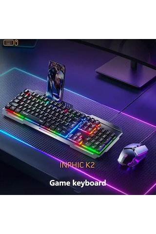 Inphic K2 104 Tuşlu Rgb Aydınlatmalı Sessiz Usb Kablolu Oyun Klavyesi 3 Kademeli Parlaklık Cep Telefonu Yerleştirme Alanlı - Mh-hs9711-0395