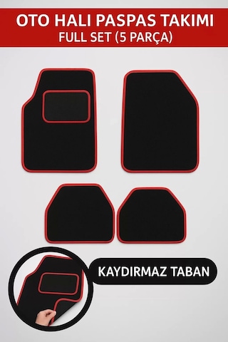 5 Parça Universal Topuk Destekli Oto Halı Paspas Takımı Kenar Renk Kırmızı