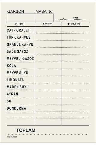 Kafe  Çay Kahve  Adisyon Sipariş Fişi  A7 Tek Nüsha  500 Cilt