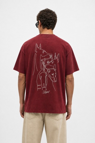Respire Erkek Nakış Detaylı Yıkamalı Oversize T-shirt Bordo