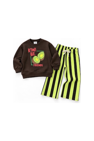 Kiwi Best Friends Baskılı Sweatshirt Ve Çizgili Eşofman Altı Unisex Alt Üst Takım Siyah