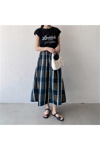 Qooth Kadınlar Rahat 8 Renk Büyük Ekose A-line Etek Tembel Elastik Bel Büyük Salıncak Uzun Etek Bahar Yaz Qt2055 Yeşil