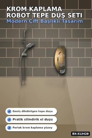 Krom Kaplama 5+1 Fonksiyon Robot Tepe Duş Seti - 2 Başlıklı Banyo Takımı Bx-313428 Açık Ahşap