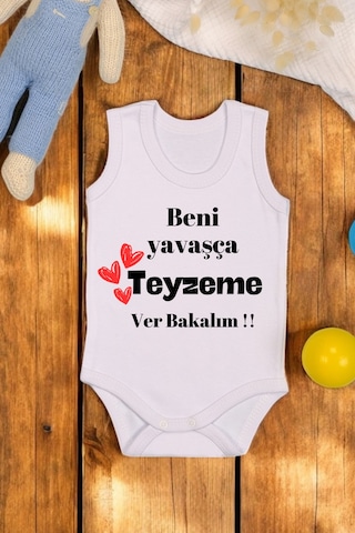 Bebetospik %100 Pamuklu Beni Yavaşça Teyzeme Ver Baskılı Yumuşak Doku Baskılı Zıbın & Body Beyaz