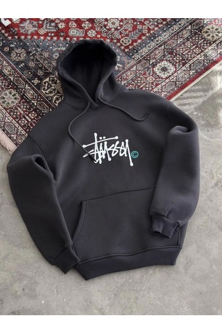 Mbb E-ticaret Kadın Oversize Kapüşonlu Cepli Baskılı 3 İplik Pamuklu Hoodie Sweatshirt - Füme