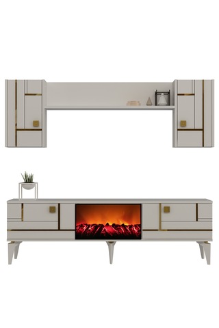 Maddera Şömineli Tv Ünitesi Takımı Beyaz-altın