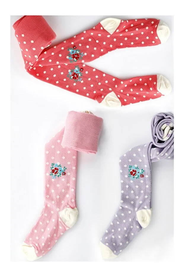 Veraye Socks Çiçek Desen Puanlı Kız Külotlu Çorap Pamuklu Penye 3'lü Kırmızı-mor-pembe
