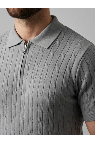 Vexor Erkek Yazlık Triko Saç Örgü Tişört Kısa Kol Polo Yaka Fermuarlı T-shirt - Gri