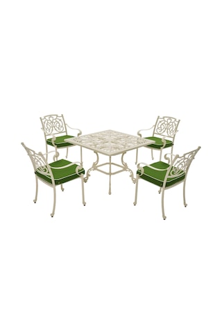 Aden Kare 4 Kişilik Bahçe Masa Sandalye Takımı Metal Döküm Rehome Krem