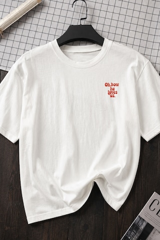 Spoyi Retro Love Tasarımlı %100 Pamuk Yarım Oversize Beyaz T-shirt