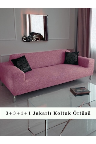 StartMall Jakarlı Çubuk Desen Koltuk Örtüsü 3+3+1+1 Takımı Lastikli Esnek Yıkanabilir Çekyat Kanepe Kılıfı Pembe