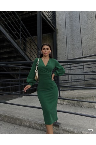 Kadın Kruvaze Yaka Balon Kol Simli Krep Kumaş Midi Boy Elbise Yeşil