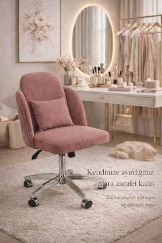 Dekoratif Çalışma Sandalyesi, Gül Kurusu Makyaj Masası, Home Office Ve Butik Kullanım Pembe