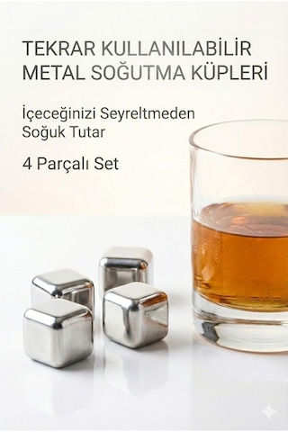 Paslanmaz Çelik Buz Küpü 4 Lü Set İçeceği Sulandırmadan Soğutucu Metal Taş