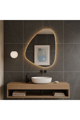 40x55 Cm Modern Asimetrik Led Banyo Aynası Dokunmatik Sensörlü, Dimmerli, 3000k Günışığı Sarı