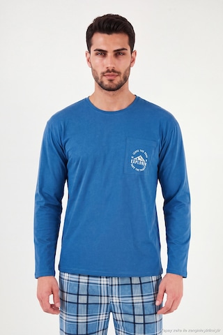 Buratti Ekoseli Pamuklu Bisiklet Yaka Pijama Takımı Erkek Pijama Takımı 6575007 Mavi