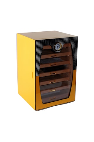 Cohiba Sarı-gri Nokta Desenli 7 Çekmeceli Sedir Humidor Puro Kutusu