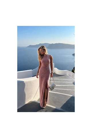DefyModa Kadın Sade Simli Kumaş Dik Yaka Taş Detaylı Abiye Elbise Pudra