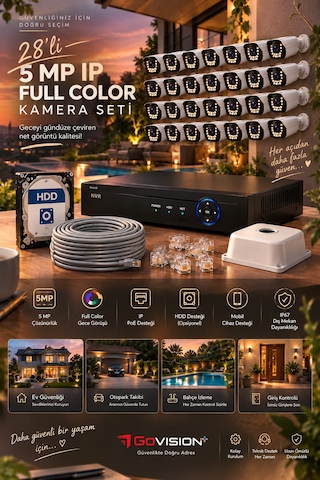Go Vision 28'li Güvenlik Ip Kamera Seti - 5mp Dış Mekan Kamera, 3.6mm Lens, H.265, Poe, Warm Led Gece Görüşlü