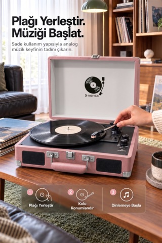 Kensa Bluetooth Lu Nostaljik Çantalı Pikap 33/45/78 Devir Dahili Bataryalı Plak Çalar Pembe
