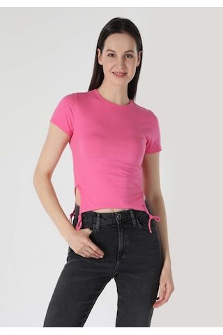 Colins Slim Fit Yuvarlak Yaka Kadın Pembe Kısa Kol Tişört Cl1063336 Q1.v2 Pın Pembe