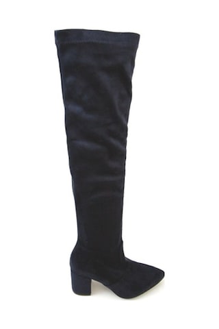 Alçak Topuk Lacivert Deri-Süet Diz Üstü Günlük Kadın Streç Çizme Lacivert
