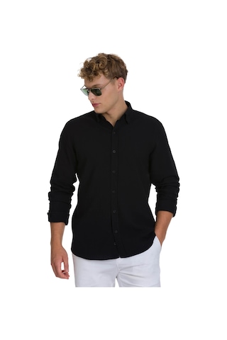 Hatemoğlu Siyah Comfort Fit Çizgili Düğmeli Yaka 100% Pamuk Uzun Kollu Casual Gömlek