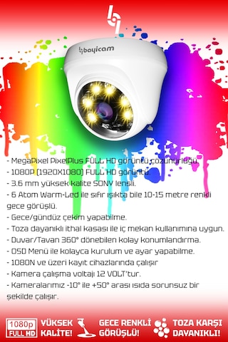 Bayicam 4 Kameralı Dome 4 İç Kamera Set 250 GB HDD Full HD Renkli Gece Görüşlü Güvenlik Kamerası Sistemi