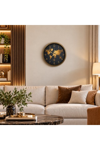 Eskitme Atlas Dünya Haritalı 40 X 40 Cm Siyah Metal Duvar Saati
