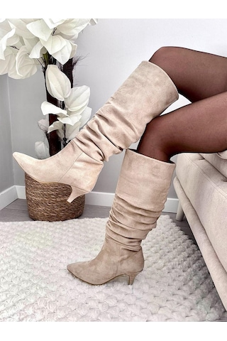 Asmi Shoes Kadın Oslo Topuklu Körüklü Şık Tarz Günlük Rahat Çizme Bej Süet Bej