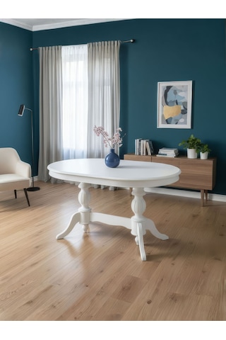 Montclair Çift Baba Ayaklı Masif Ahşap Oval Yemek Masası 90x140 Beyaz