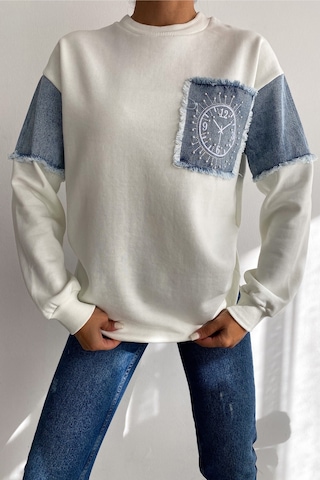 Femelle Kadın Ekru Kot Detaylı Taş İşlemeli Pamuklu Sweatshirt