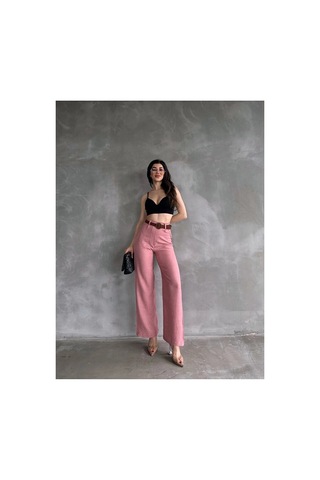 Nido Moda Beli Kemerli Keten Pantolon Pembe