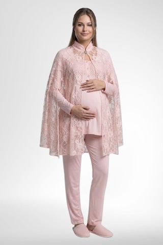 Mecit Pijama Mecit 6402 Kadın Pudra Dantel Pelerin Hamile Lohusa Pijama Takımı