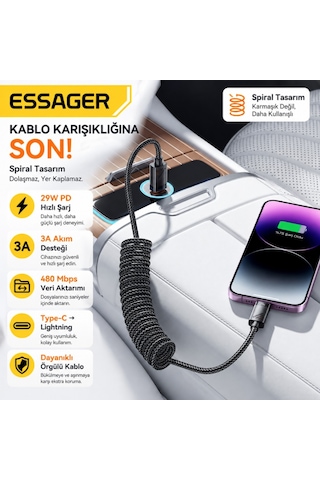 Essager Pd29w 3a Type-c To Lightning Spiral Hızlı Şarj Ve Data Kablosu L Örgülü Esnek Araç İçi Apple iPhone Uyumlu Şarj Kablosu