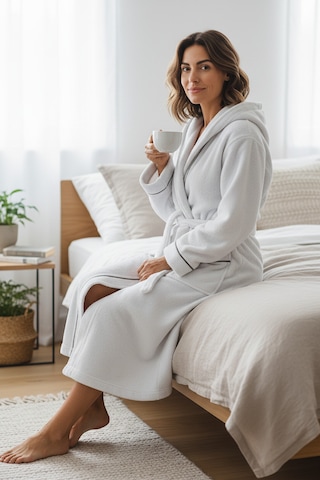 % 100 Pamuklu Laodikeia Kapşonlu Unisex Kadın Erkek Bornoz Beyaz