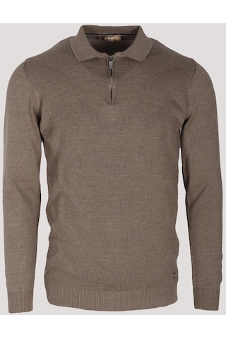 Erkek Polo Yaka Triko Vizonmelanj Slim Fit Yarım Fermuarlı Balık Sırt Desenli Pamuklu Kazak Ncs Jeans 3006-vizon Vizon