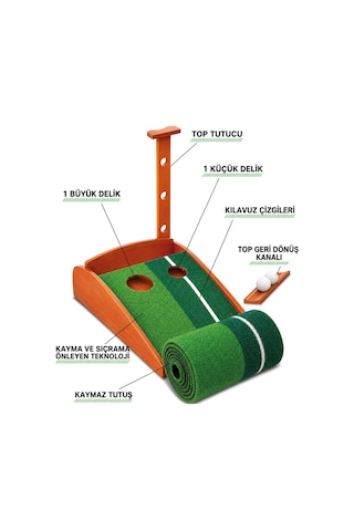 Walke Golf Putt Matı Ahşap Otomatik Top Dönüşlü Golf Antrenman Seti 3 Toplu 2 Delikli Yeşil