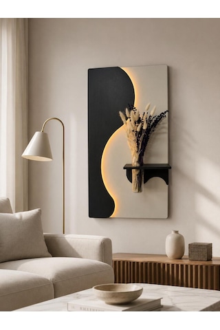 Manolya Ahşap Pilli Ledli İskandinav Tarzı Salon Duvar Rafı Modern Çiçeklik 40 X 70 Cm Çok Renkli