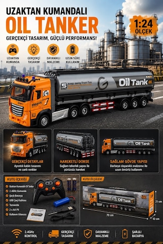 Uzaktan Kumandalı Tanker Tır 1:24 Ölçek Şarjlı Oyuncak Tır 2.4ghz Yakıt Tankeri Kamyon