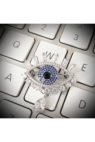 Broş Kadın Zirkon Taşlı Nazar Göz Broş Gözyaşı Yaka İğnesi Silver